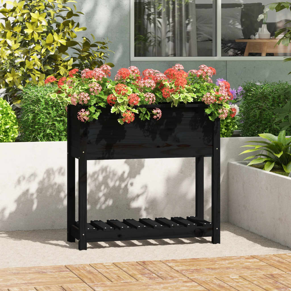 Jardinera con estante de madera maciza de pino 111,5x54x81 cm