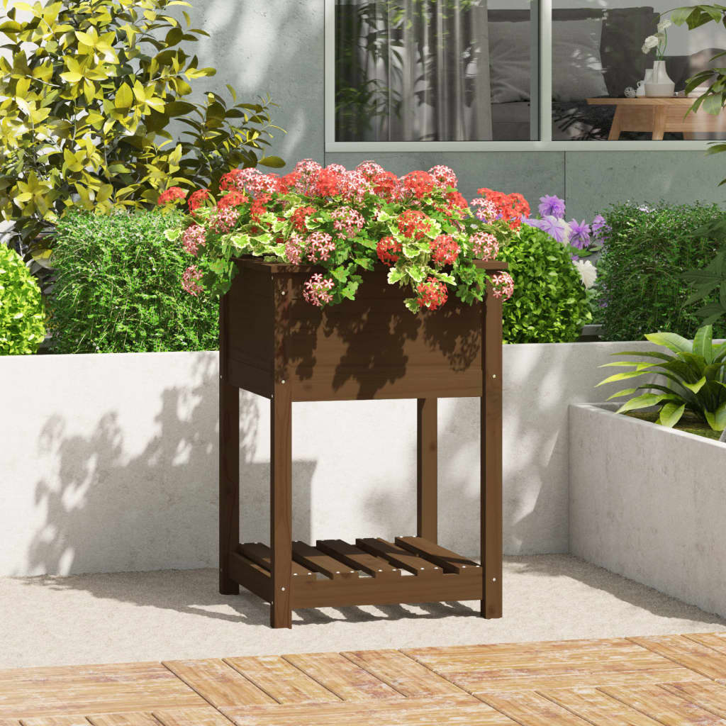 Jardinera con estante de madera maciza de pino 111,5x54x81 cm