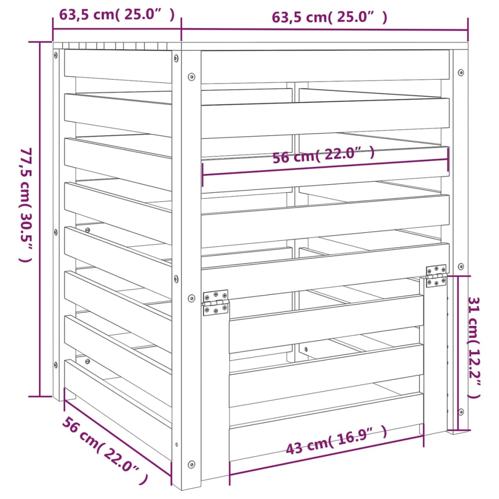 Compostador de madera maciza de pino 63,5x63,5x77,5 cm