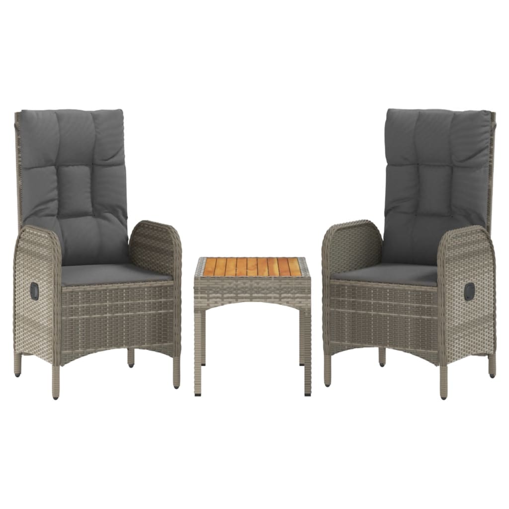 Set de muebles de jardín 3 pzas y cojines ratán sintético gris