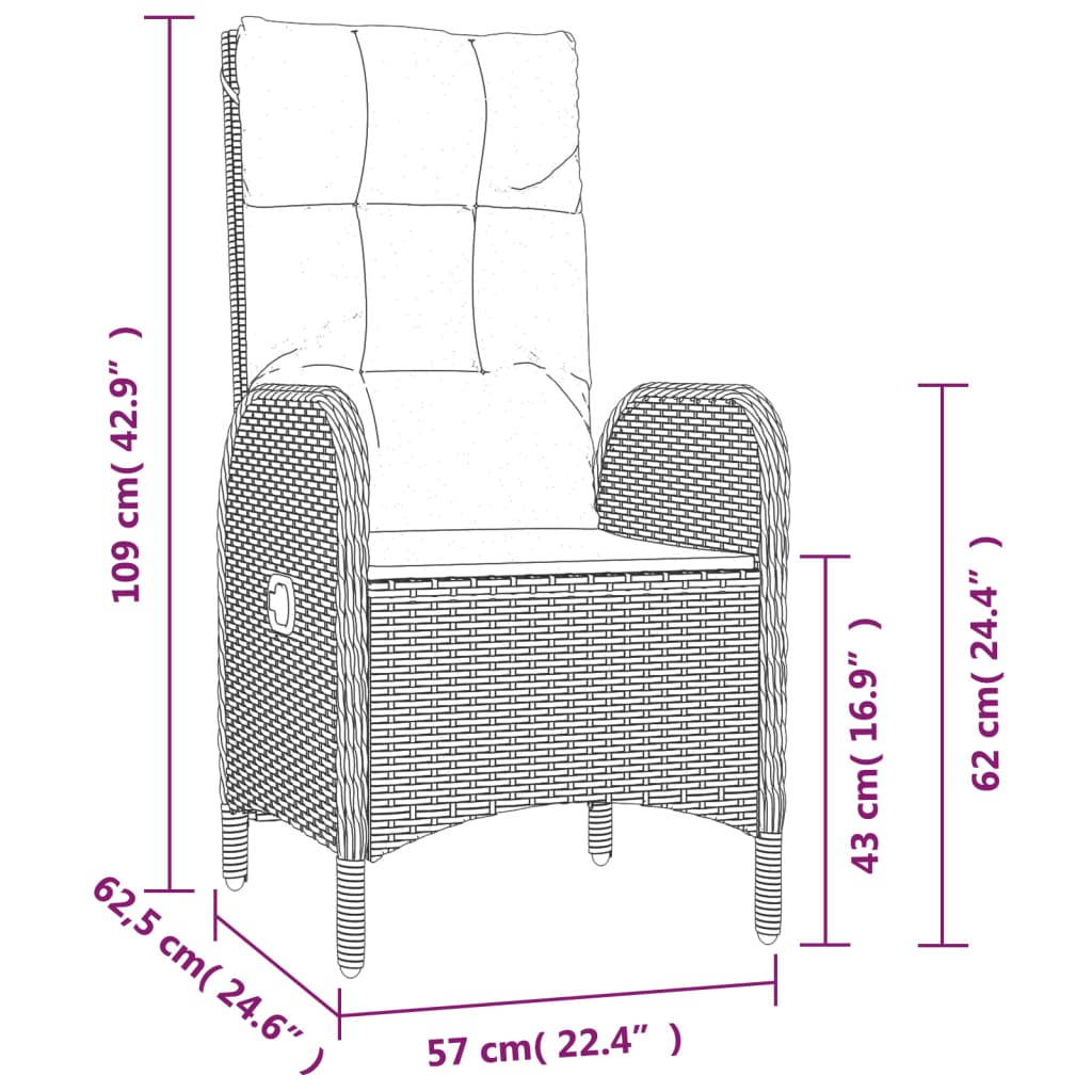 Set de muebles de jardín 3 pzas y cojines ratán sintético gris