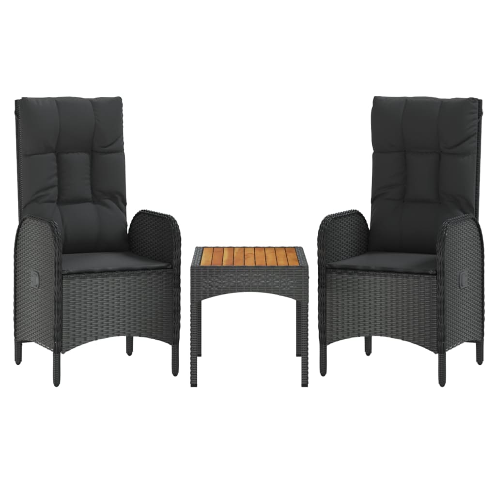 Set de muebles de jardín 3 pzas y cojines ratán sintético negro