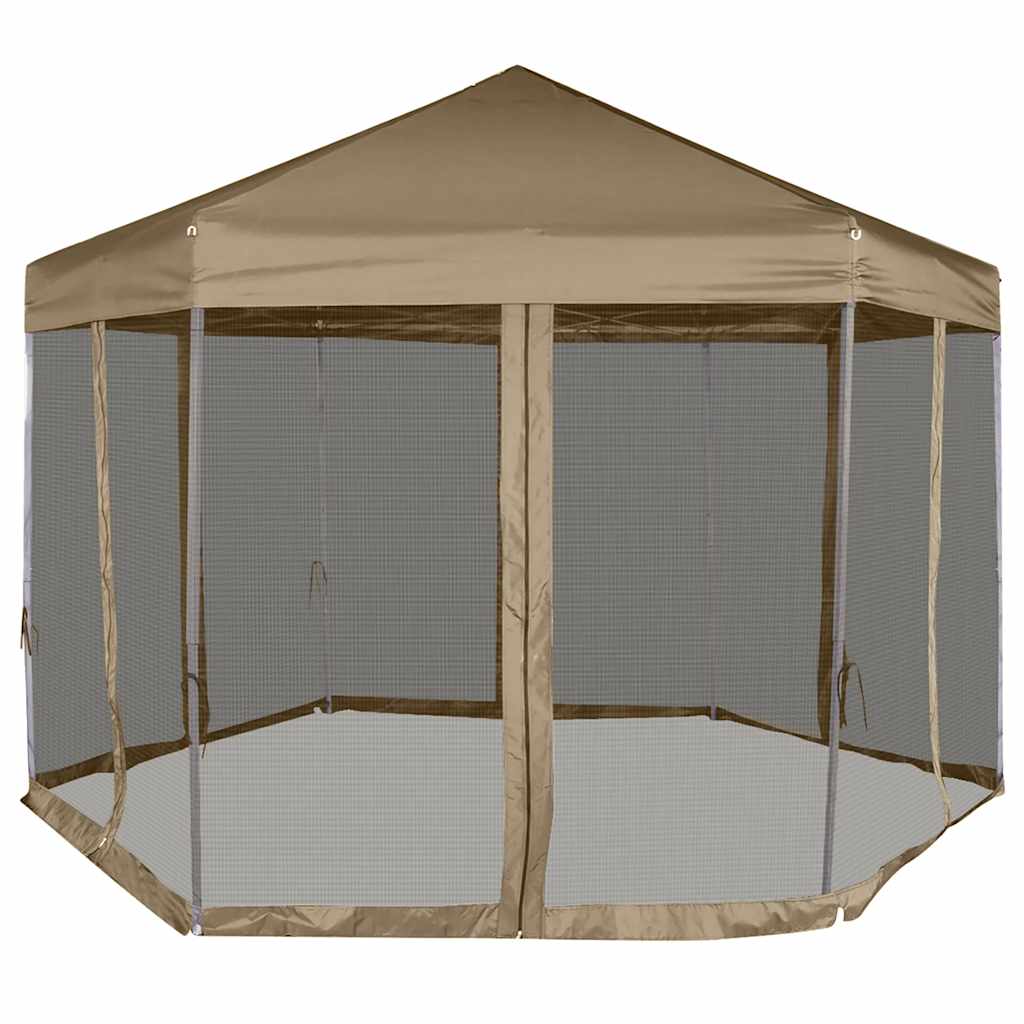 Carpa desmontable hexagonal paredes gris taupe 3,6x3,1m 220g/m²