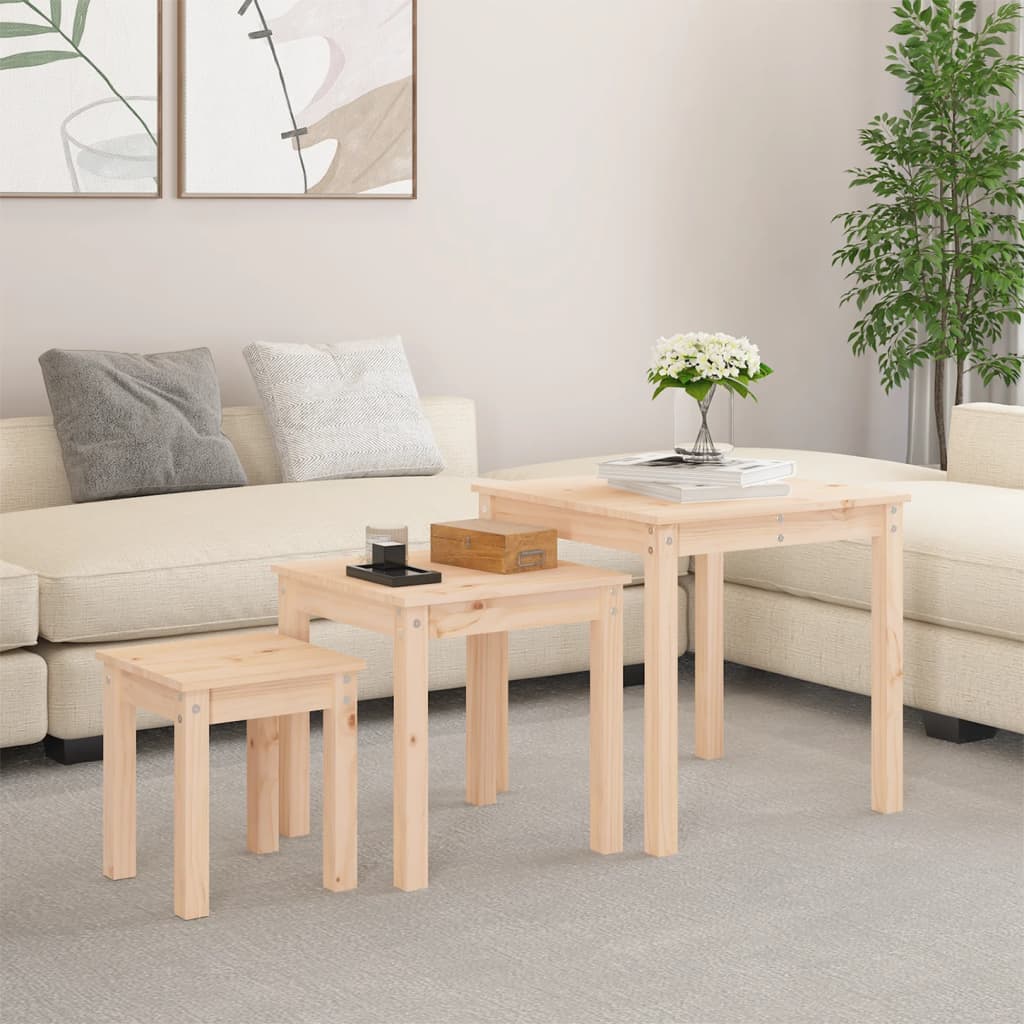 Mesas apilables 3 piezas madera maciza de pino blanco