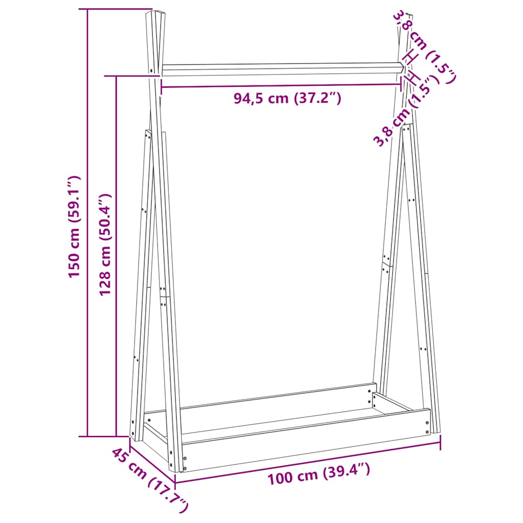 Perchero de madera maciza de pino 100x45x150 cm