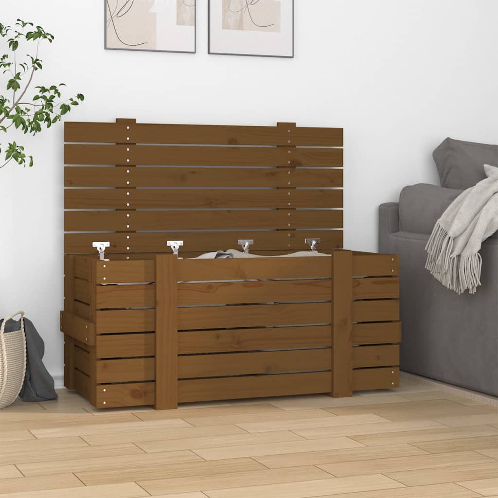 Caixa de armazenamento em madeira de pinho maciço, castanho mel, 91x40,5x42 cm