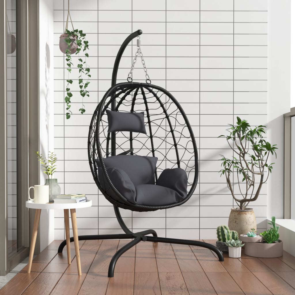 Sillón colgante con forma de huevo con cojín de ratán sintético y acero color topo