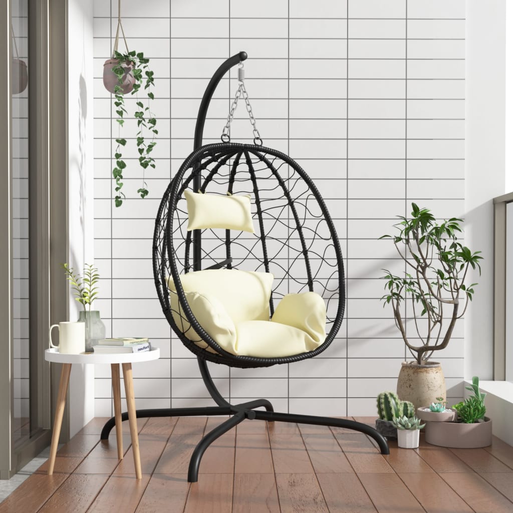 Sillón colgante con forma de huevo con cojín de ratán sintético y acero color topo