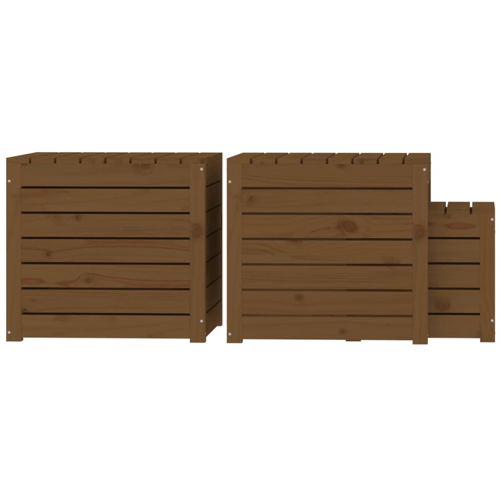 Set cajas de jardín 3 pzas madera maciza pino gris marrón miel