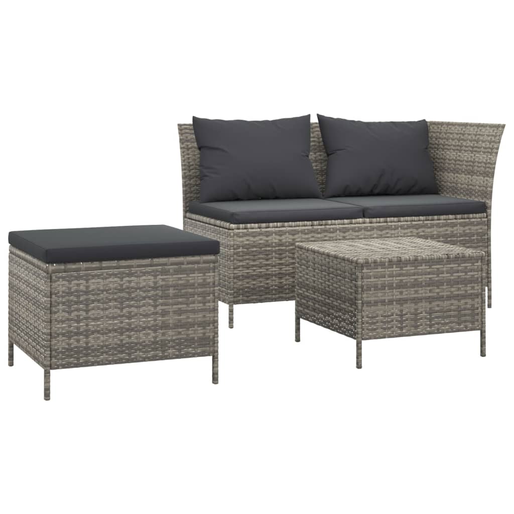 Set de muebles de jardín 3 pzas y cojines ratán sintético gris