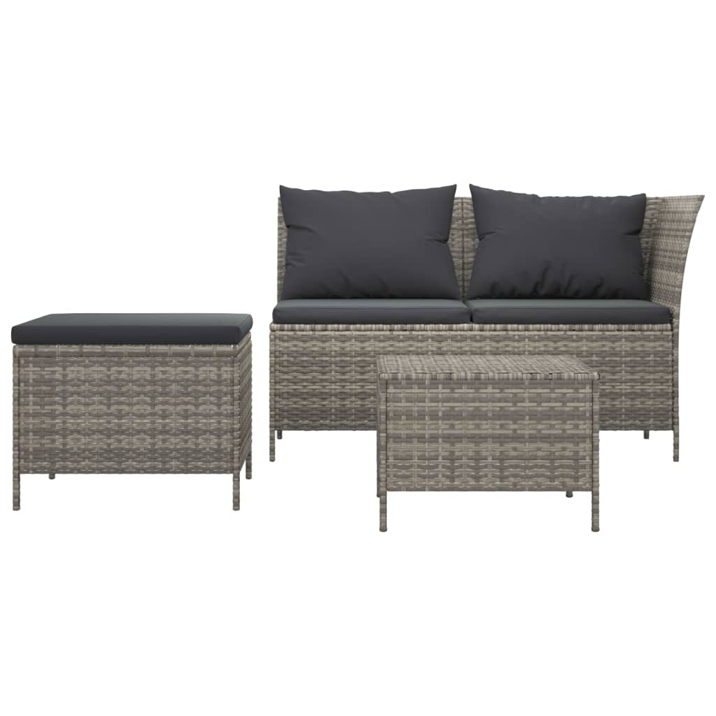 Set de muebles de jardín 3 pzas y cojines ratán sintético gris
