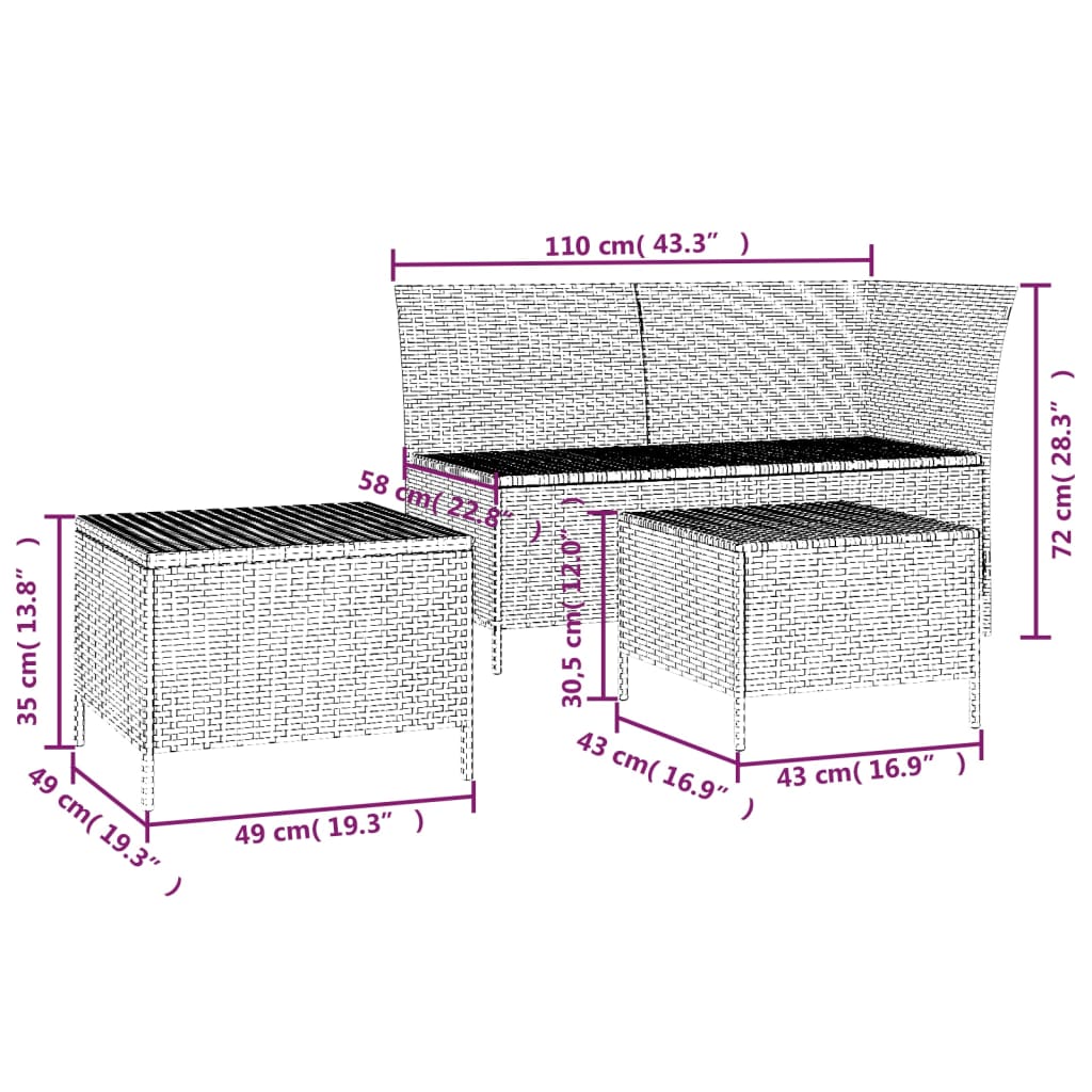 Set de muebles de jardín 3 pzas y cojines ratán sintético gris