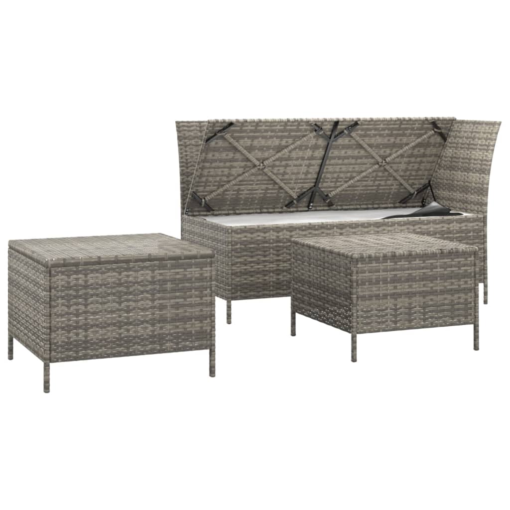 Set de muebles de jardín 3 pzas y cojines ratán sintético gris