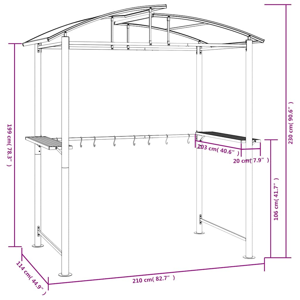 Cenador barbacoa estante lateral acero antracita 210x114x230 cm