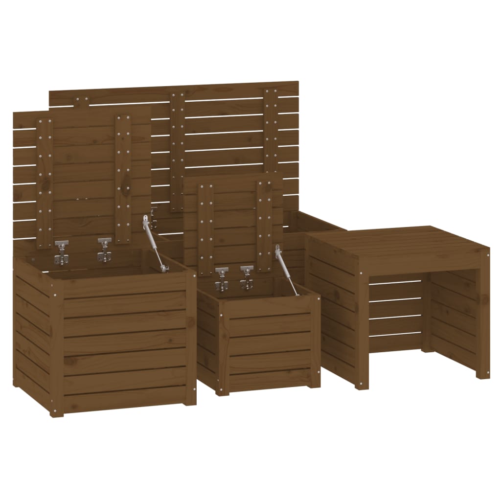 Juego cajas de jardín 4 pzs madera maciza pino gris marrón miel