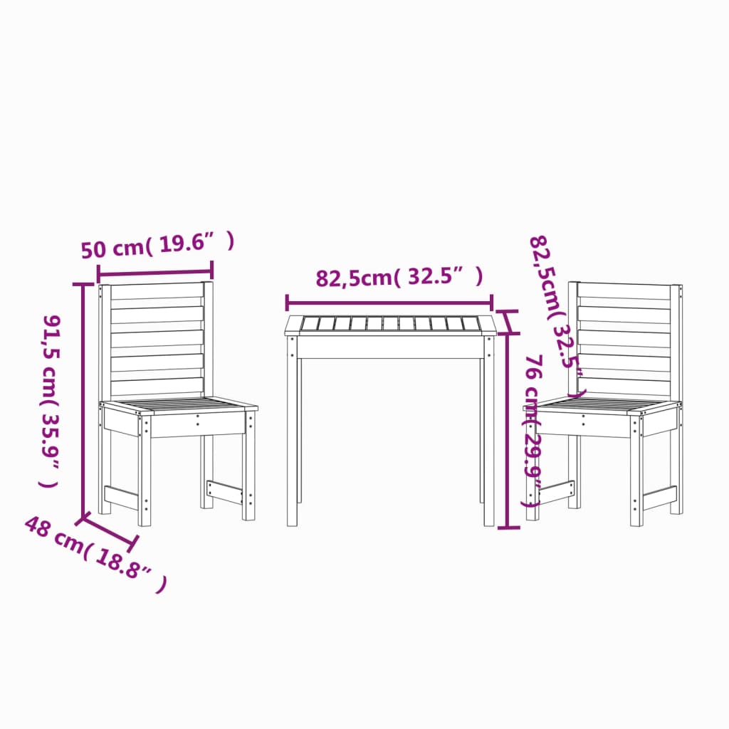 Mesa y sillas de jardín 3 piezas madera maciza de pino