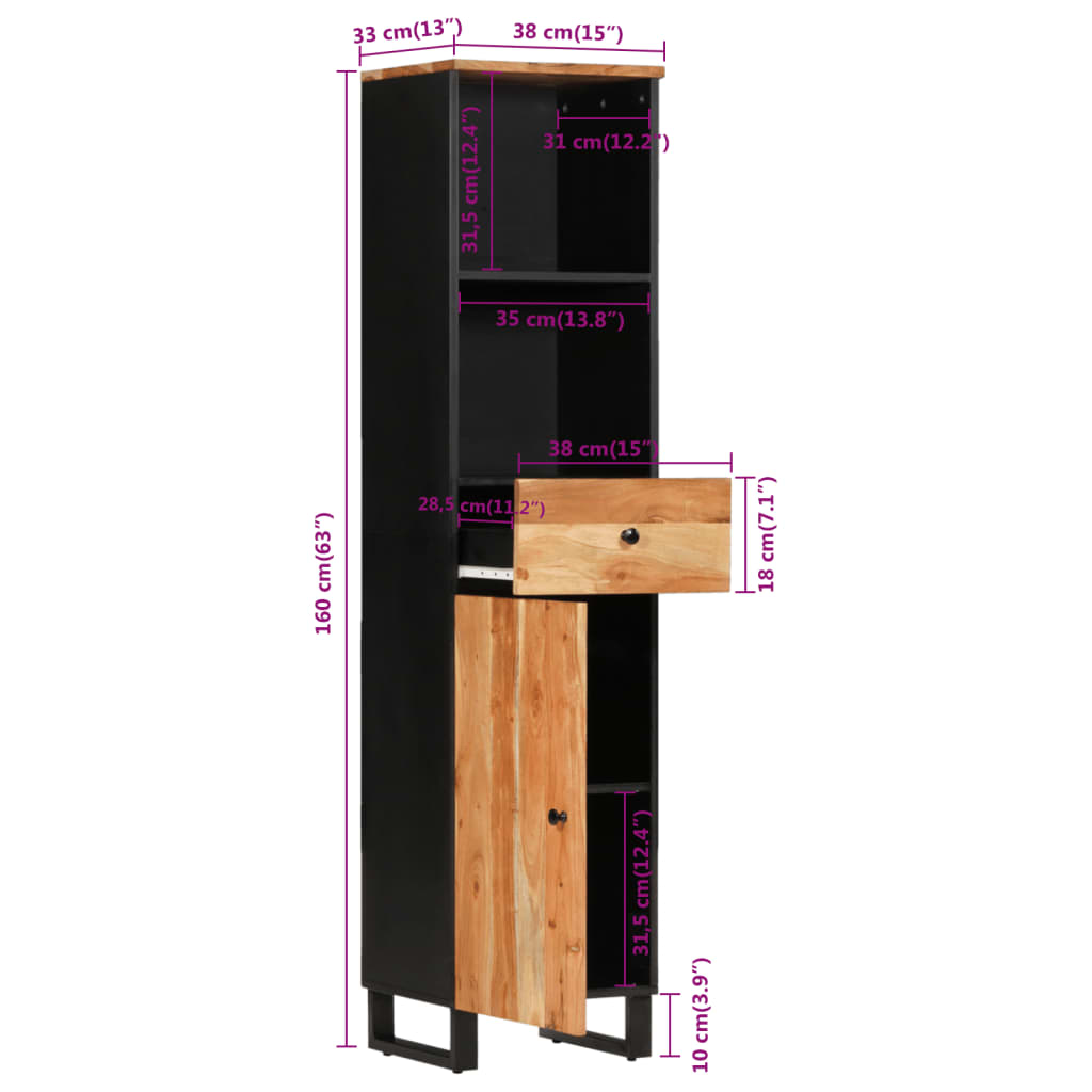 Mueble de baño madera maciza de acacia 38x33x160 cm