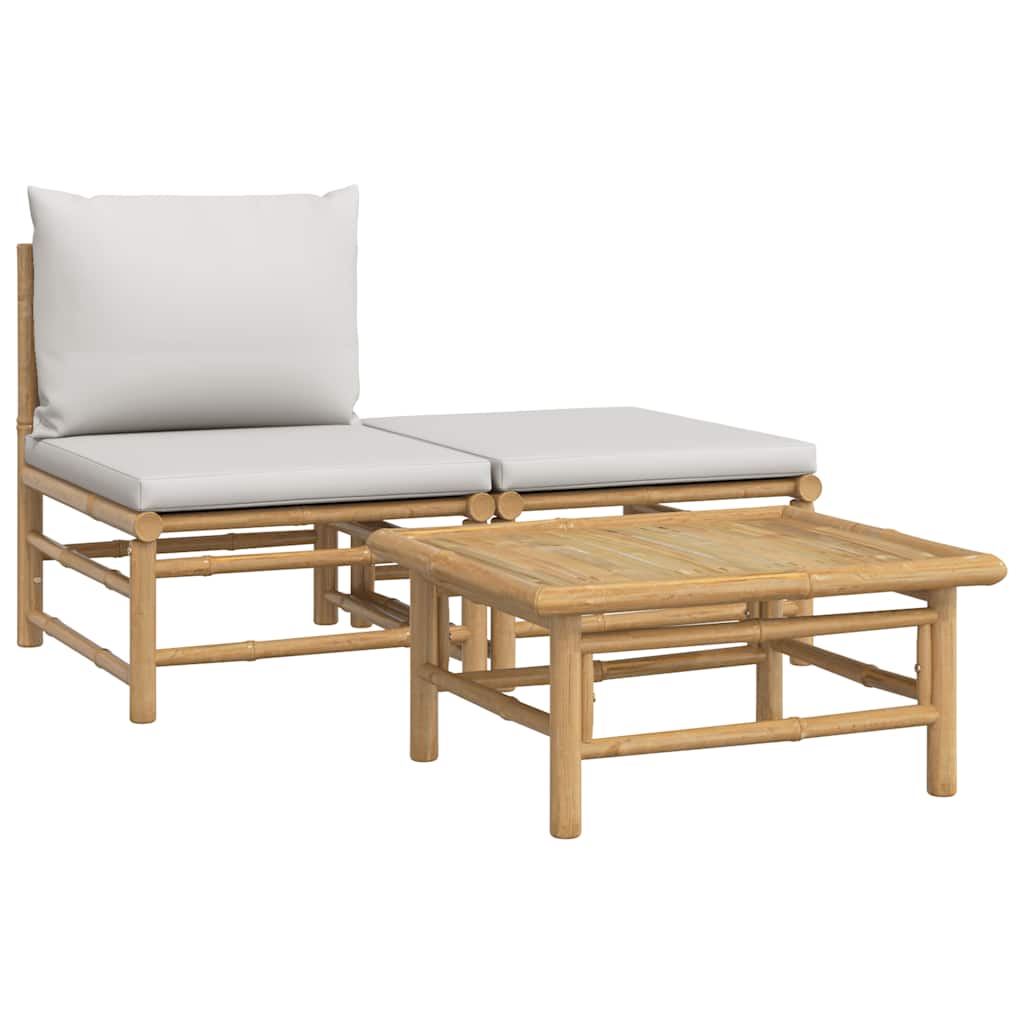 Set de muebles de jardín 3 piezas bambú y cojines gris claro
