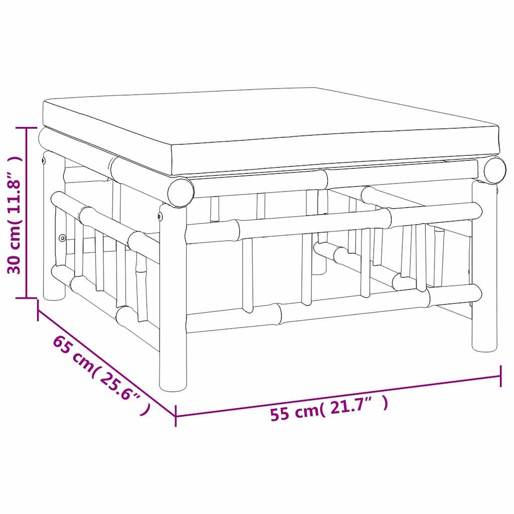 Set de muebles de jardín 3 piezas bambú y cojines blanco crema