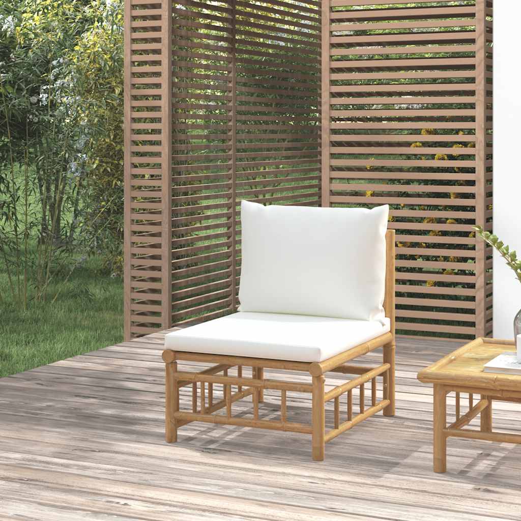 Sillas de jardín 2 uds bambú con cojines blanco crema
