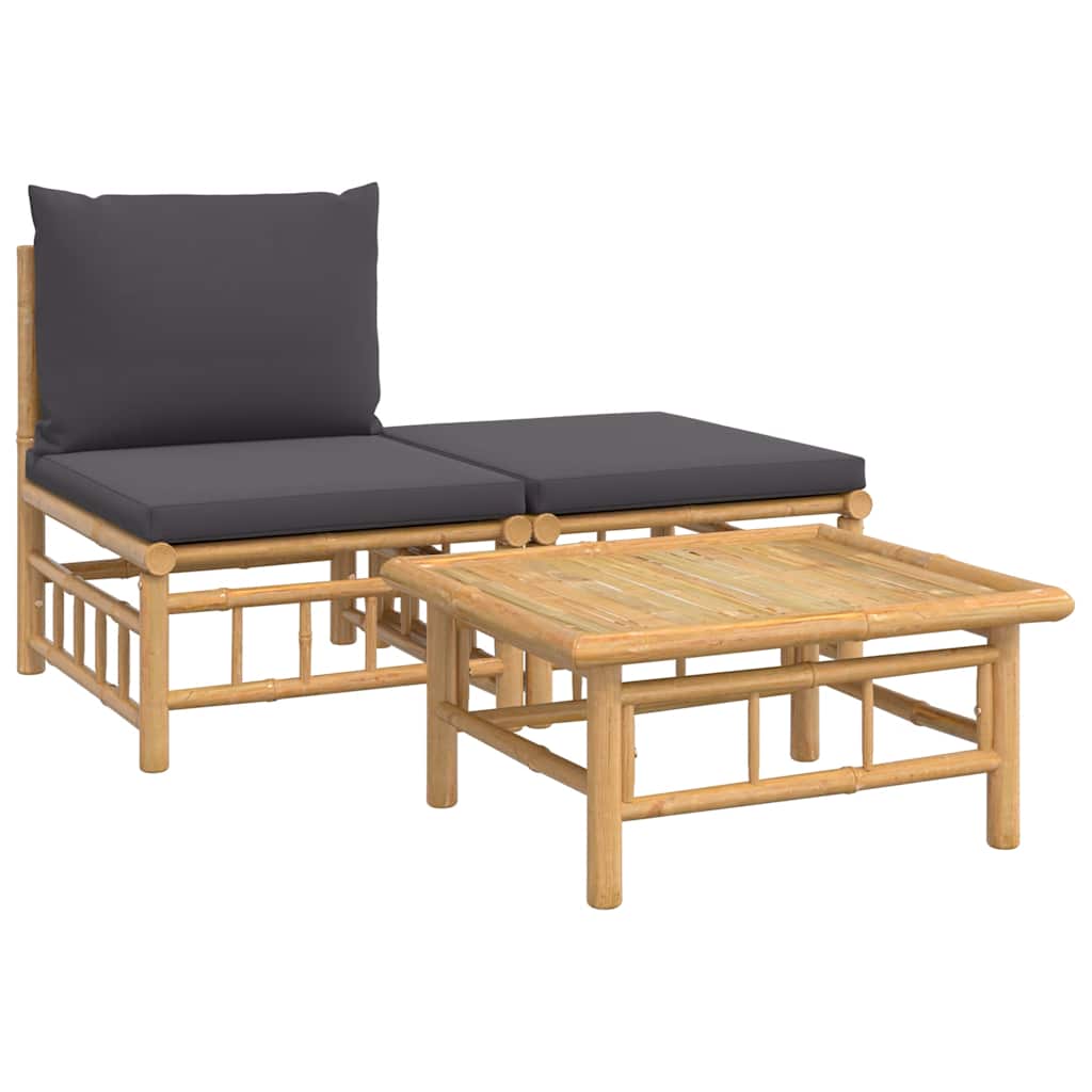 Set de muebles de jardín 3 piezas bambú con cojines gris oscuro