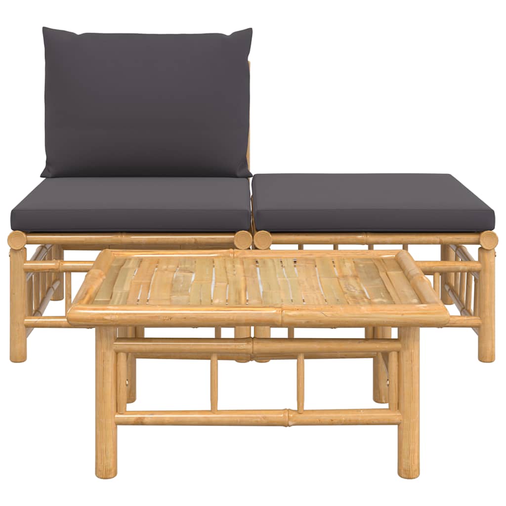 Set de muebles de jardín 3 piezas bambú con cojines gris oscuro