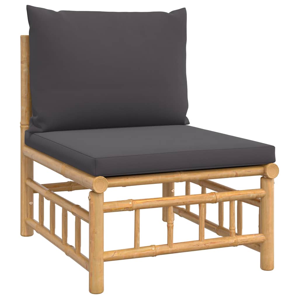 Set de muebles de jardín 3 piezas bambú con cojines gris oscuro
