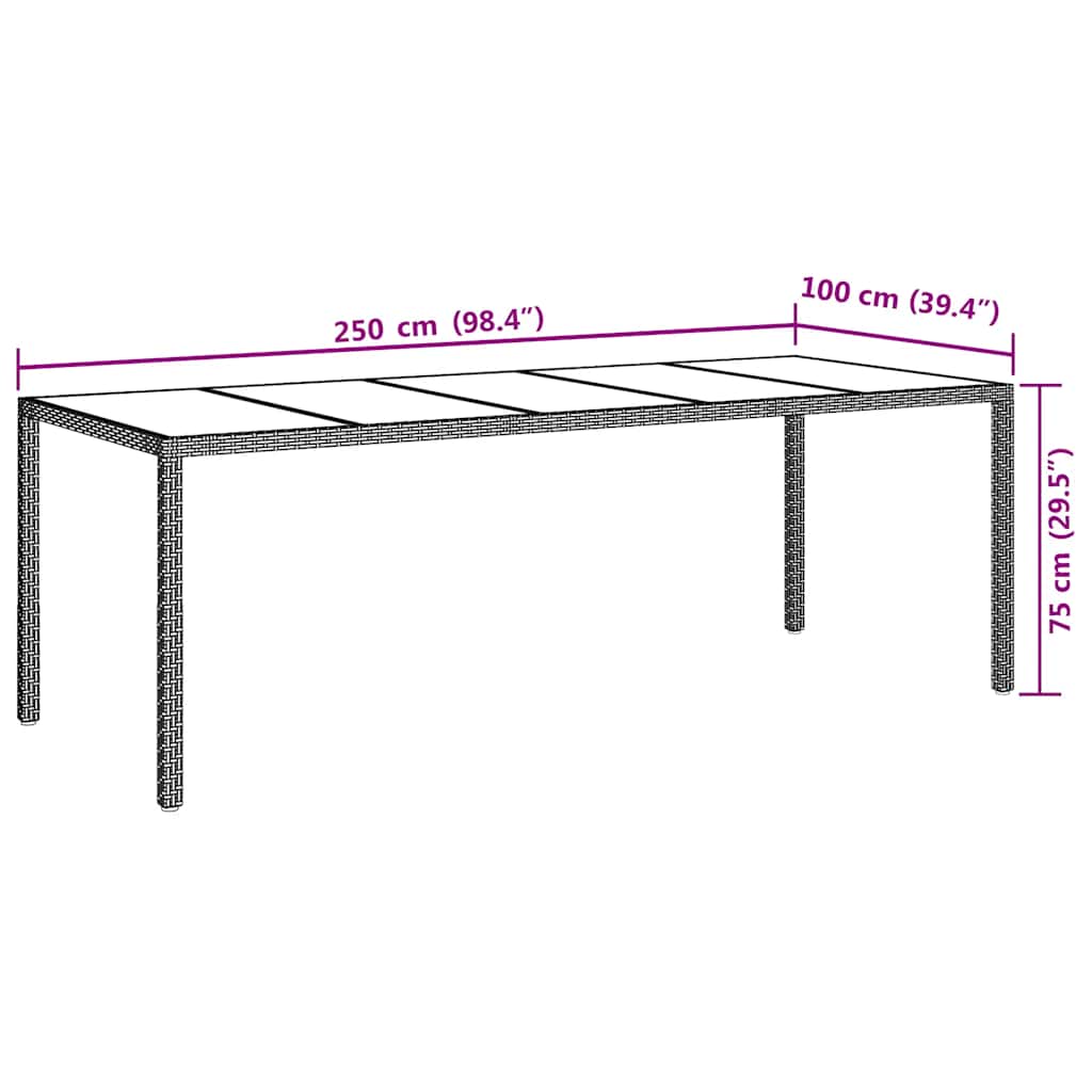 White synthetic rattan tempered glass garden table 250x100x75cm