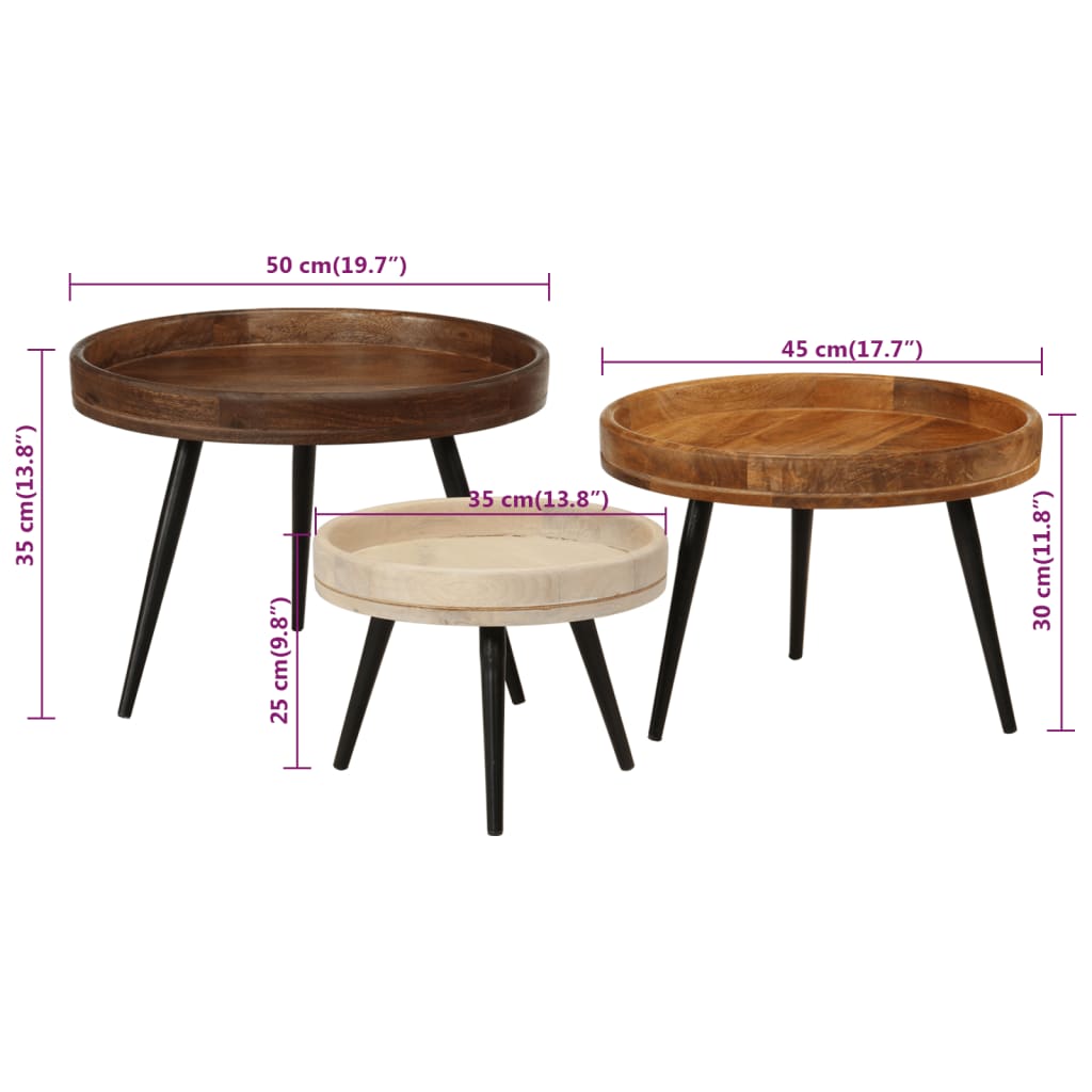 Mesas de centro redondas 3 uds madera maciza mango