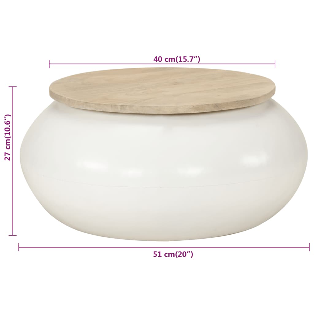 Mesa de centro de madera maciza de mango blanca 51x51x27 cm