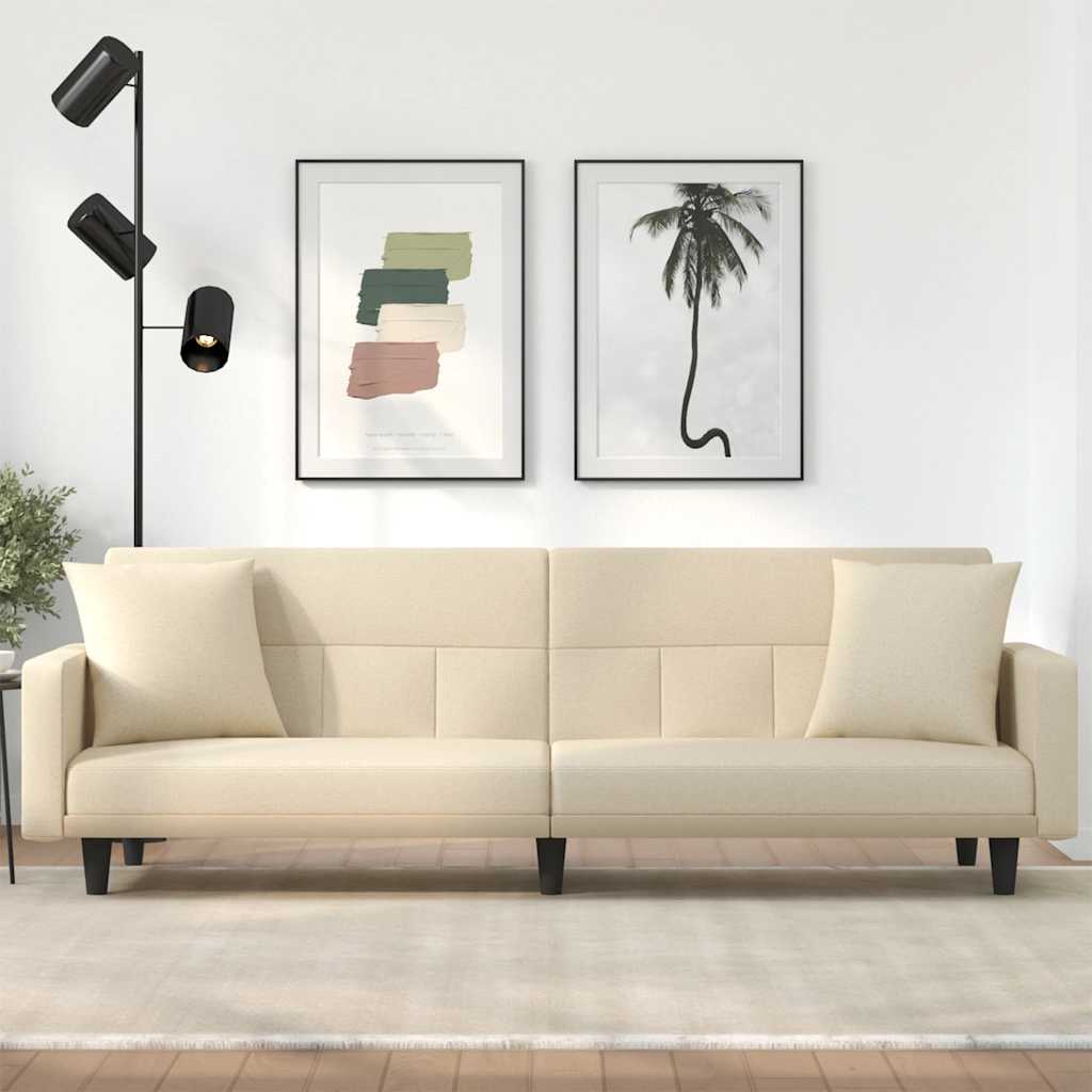 Sofa bed with light yellow fabric cushions