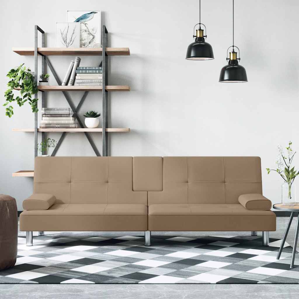 Sofa bed with light yellow fabric cushions