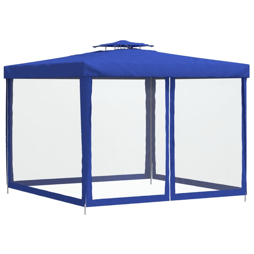 Cenador con doble techo de tela azul 3x3x2,68 m