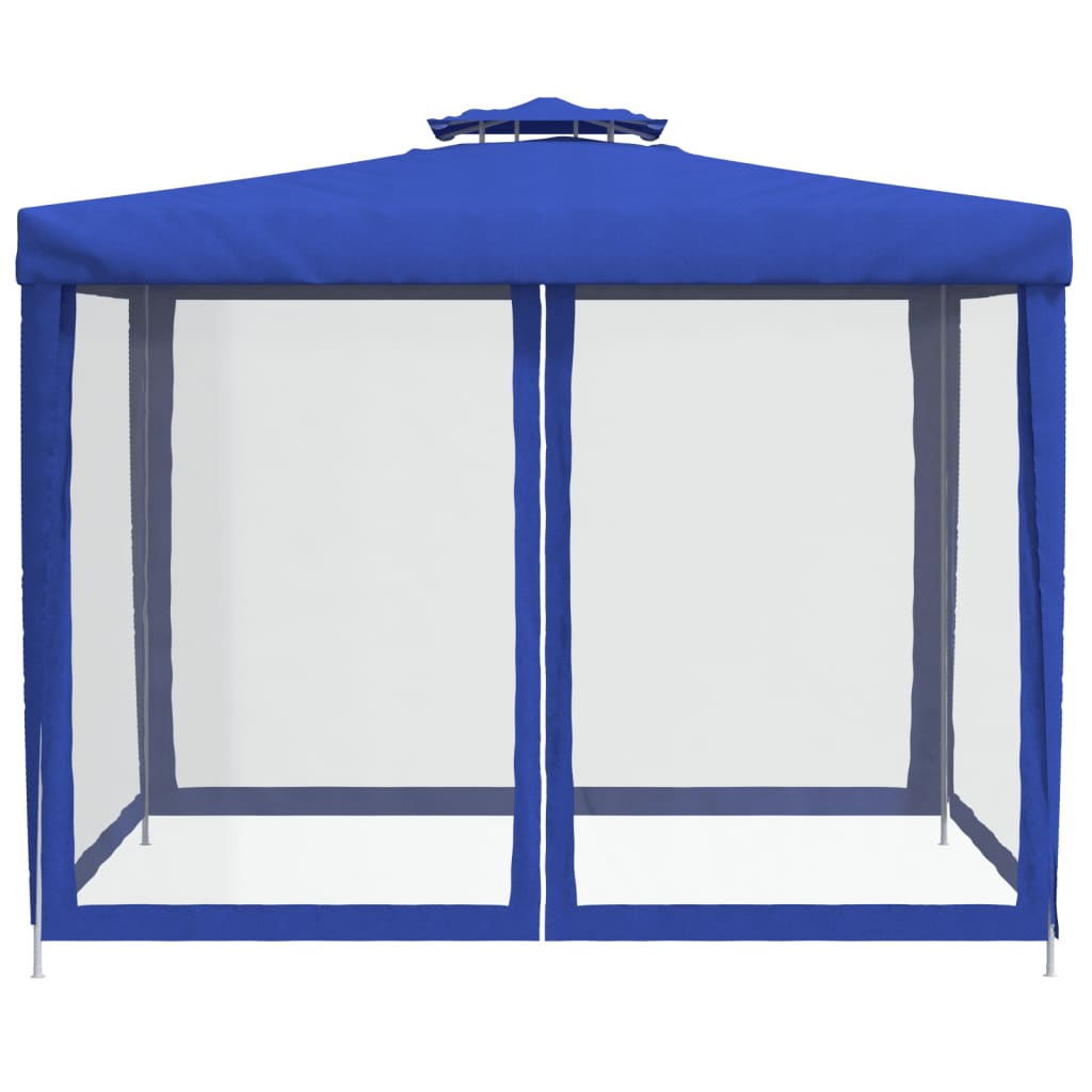 Cenador con doble techo de tela azul 3x3x2,68 m