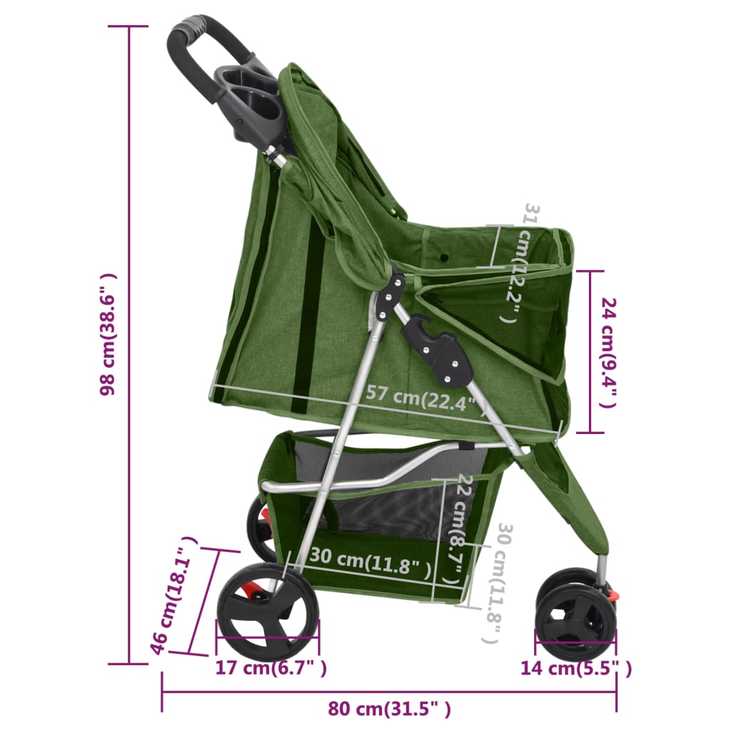 Cochecito para perros plegable tela oxford verde 80x46x98 cm