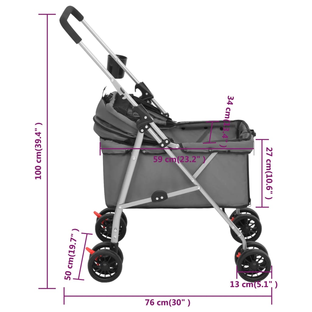 Cochecito para perros plegable tela oxford gris 76x50x100 cm