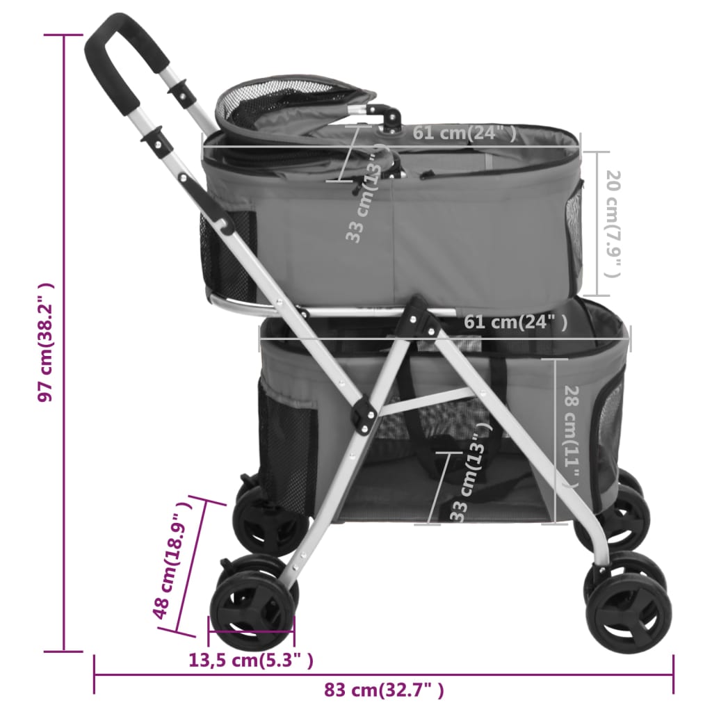 Cochecito doble de perros plegable tela oxford gris 83x48x97cm