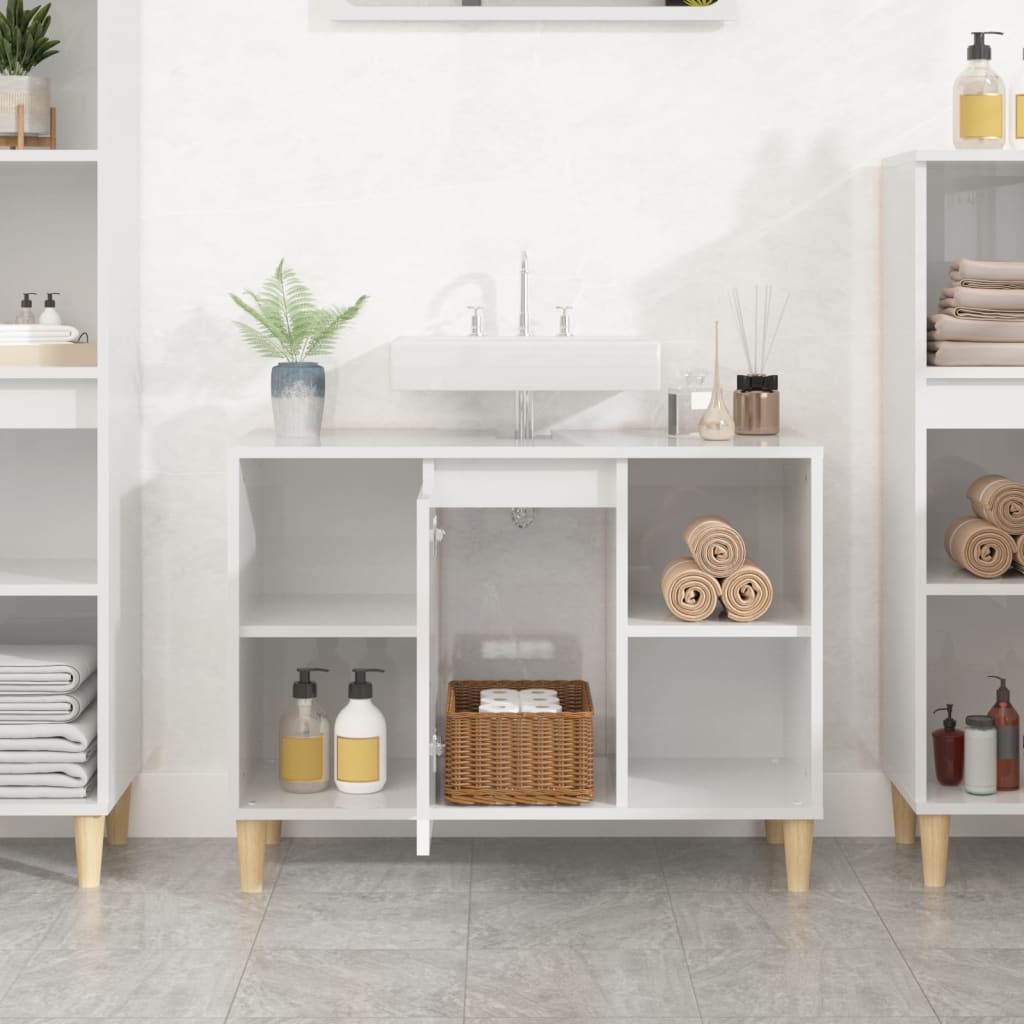 Armario de lavabo madera contrachapada blanco brillo 80x33x60cm