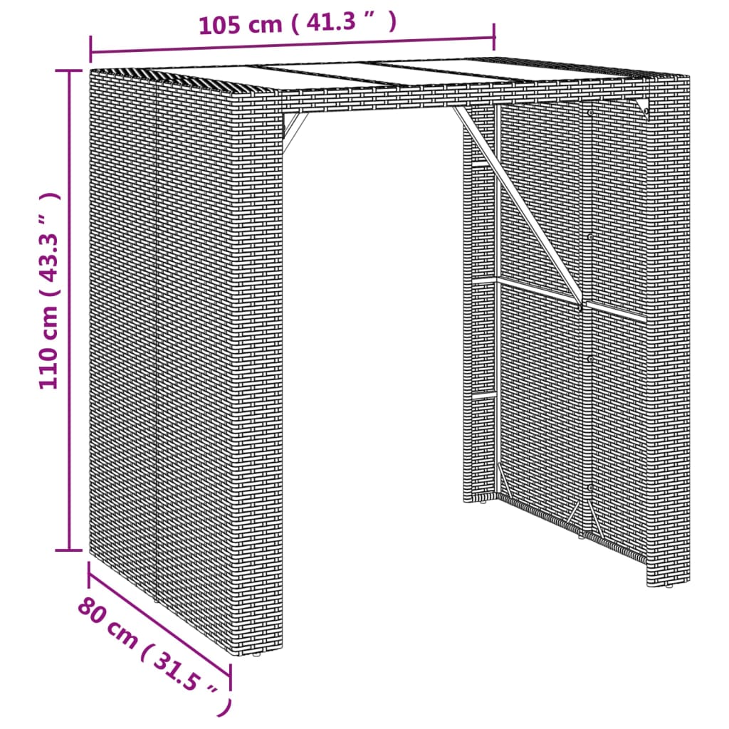 Mesa alta bar con superficie vidrio ratán PE gris 105x80x110 cm
