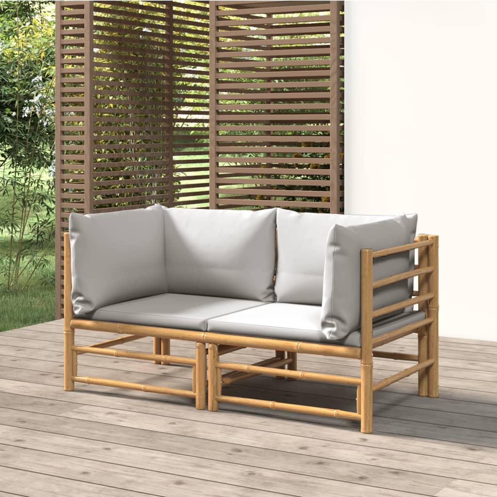 Sofás de canto de jardim 2 pcs bambu com almofadões branco-creme