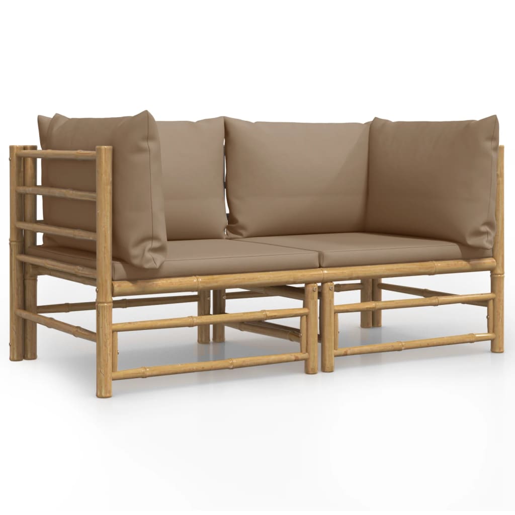 Sofás esquineros de jardín 2 uds bambú con cojines gris taupe