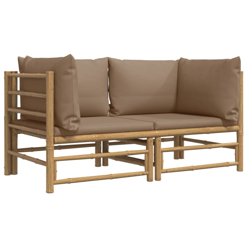Sofás esquineros de jardín 2 uds bambú con cojines gris taupe