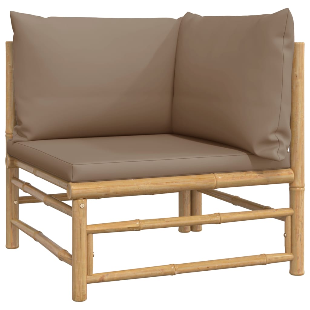 Sofás esquineros de jardín 2 uds bambú con cojines gris taupe