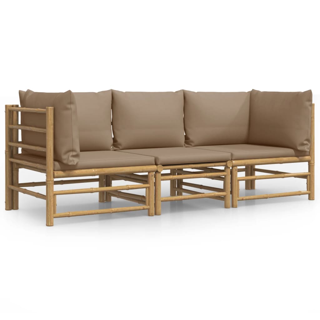 Set de muebles de jardín 3 piezas bambú y cojines gris taupe