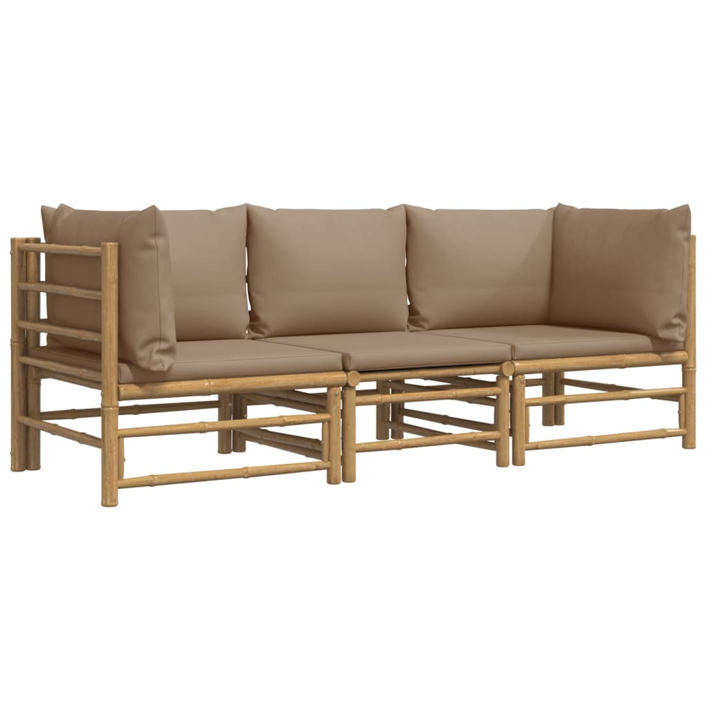 Set de muebles de jardín 3 piezas bambú y cojines gris taupe