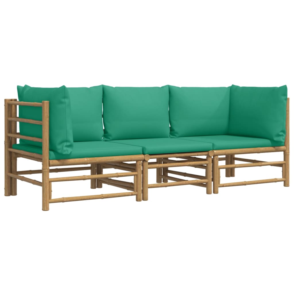 Set de muebles de jardín 3 piezas bambú con cojines verde