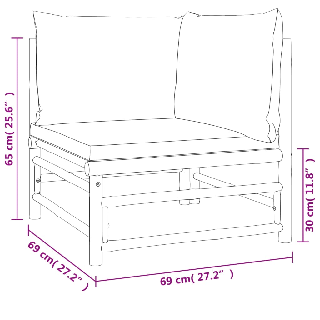 Set de muebles de jardín 3 piezas bambú con cojines verde