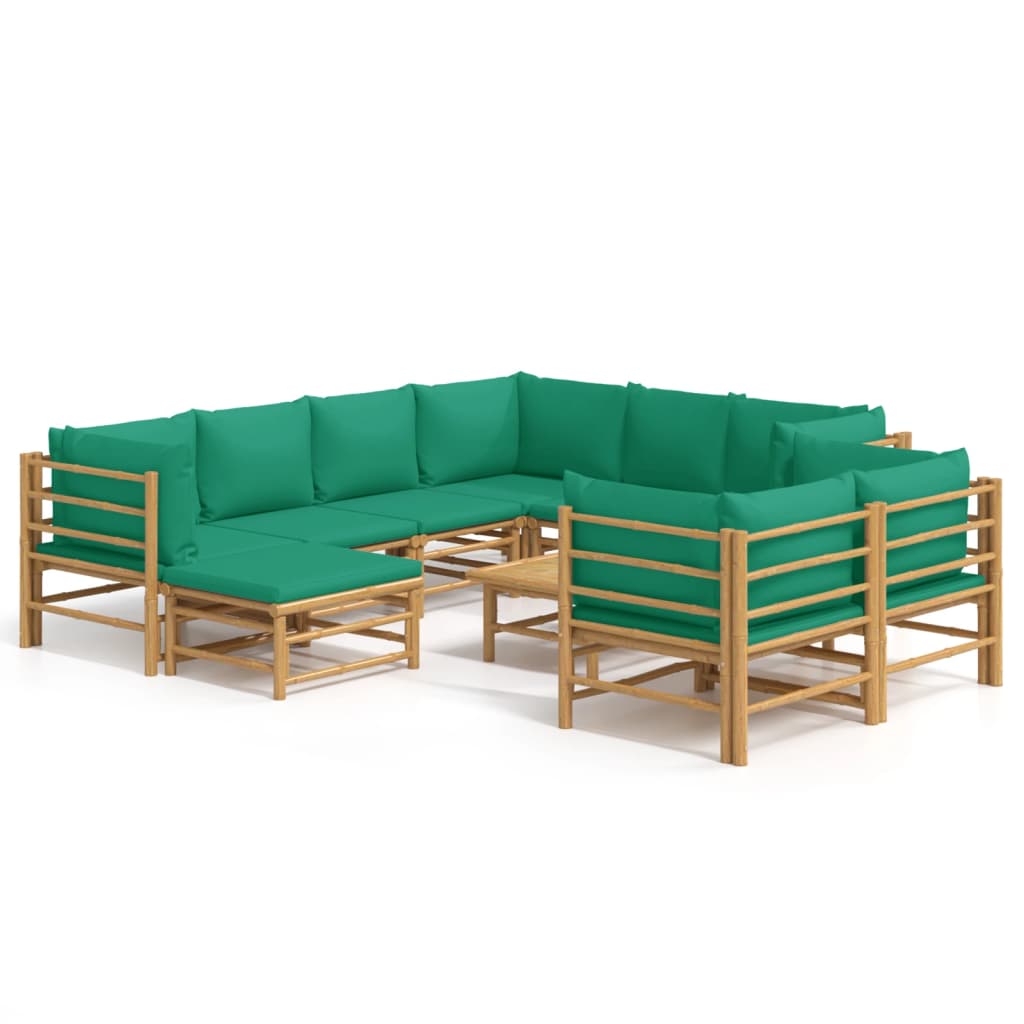 Set de muebles de jardín 10 piezas bambú con cojines verde