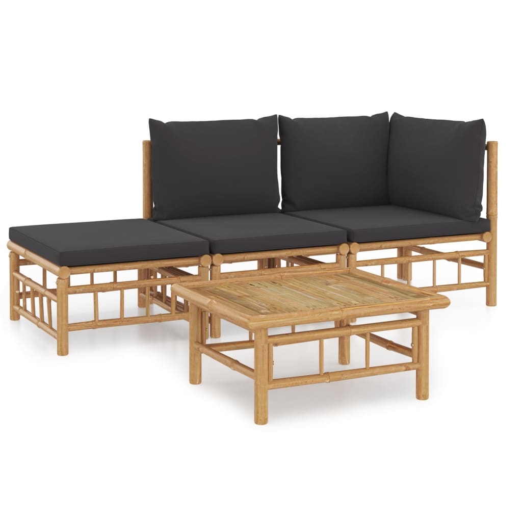 Set de muebles de jardín 4 piezas bambú con cojines gris oscuro