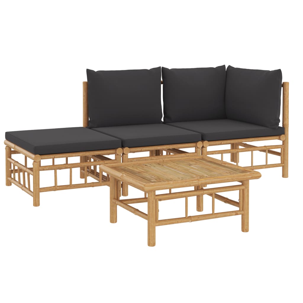 Set de muebles de jardín 4 piezas bambú con cojines gris oscuro